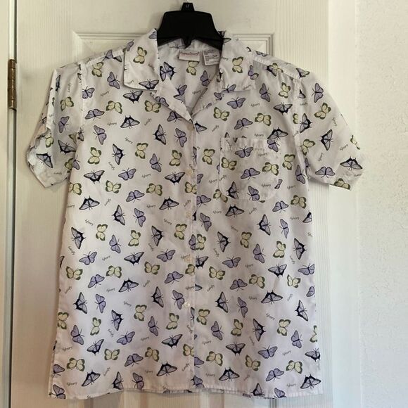 Bobbie brooks butterfly short sleeve button up top small - Picture 1 of 4